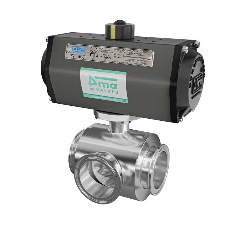 Pneumatic 3 Way Design Sanitary Ball Valve T.c. End